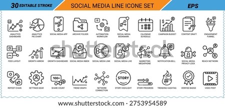 Online communication platform icons. Content management and audience engagement metrics graphics.