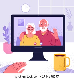 Online communication with relatives. Vector illustration of a computer with a video call to elderly parents from home.