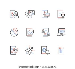 Comunicación en línea y conexión remota: iconos de estilo de diseño de línea con trazo editable. Conversación en video chat, llamada telefónica, podcast, mensaje, escritura, recepción de información, Internet y idea web