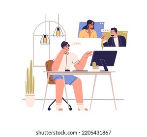 Online communication, remote teamwork concept. Business team talking via internet, discussing work project. People during video call at distance. Flat vector illustration isolated on white background