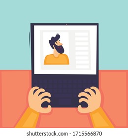 Online communication, remote work, correspondence, freelance, a man communicates through a laptop. Flat design vector illustration.