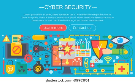 Online communication security, computer protection, cyber security infographics template design, web header elements, poster banner, Vector illustration.