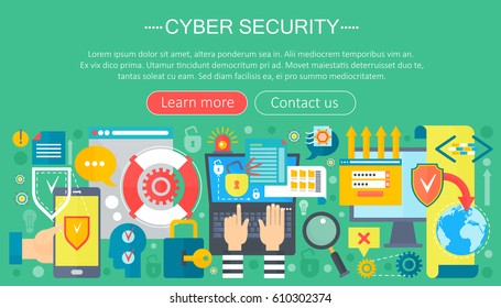 Online communication security, computer protection, cyber security infographics template design, web header elements, poster banners, Vector illustration.