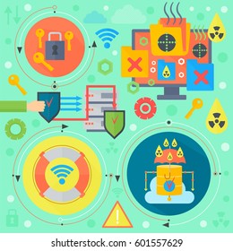 Online communication security, computer virus protection, cyber security infographics template icons in circles design, web elements, poster banner, Vector illustration.