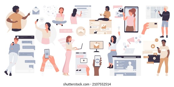 Online Communication Set, Modern Lifestyle Vector Illustration. Cartoon People Videoconferencing With Smart Phone In Hand, Conversation With Video Or Text Messages In Social Media Isolated On White