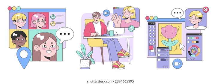 Online Communication set. Virtual meetings and video calls with diverse individuals. Accepting call, rejecting video, profile selection. Flat vector illustration.