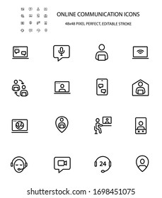 Online communication simple line icon set vector illustration. Editable stroke. 48x48 Pixel Perfect. Contains icons such as man on laptop, video chat, audio message, headphones, dating app and more.