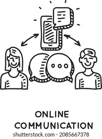 Online communication - sketchy hand-drawn vector illustration. The speech bubbles with the smart phone are between woman and man.
