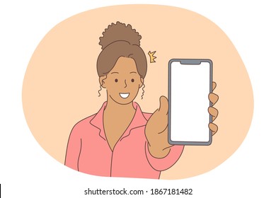 Online communication, smartphone screen concept. Young smiling black woman showing smartphone screen with white mockup for text or lettering vector illustration 