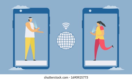Online communication with smartphone and smart watch technology. Social distancing design for the trend of this year. It is a coronavirus or COVID-19. Vector illustration is in flat style.