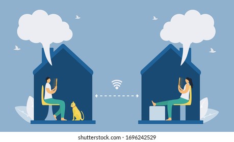 Online communication with smartphone technology. Social distancing design for the trend of this year. It is a coronavirus or COVID-19. Vector illustration is in flat style. Work from home.