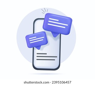 Online communication, speech bubbles on mobile phone with alert notice. Messenger, comment 3D or user reply sign, reminder chat message push on social media. 3D speech icon vector illustration