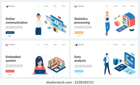 Online communication, statistics analysis of embedded data systems set vector illustration. Cartoon tiny people work with abstract computer, application and digital platform for information processing