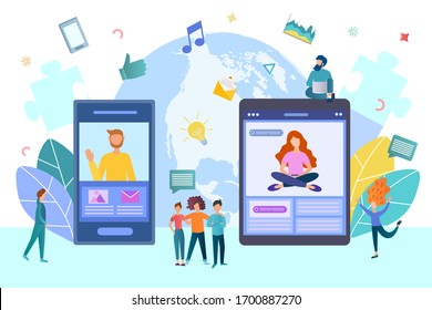 Online communication, study and work from home office, online with the whole world vector illustration concept.
