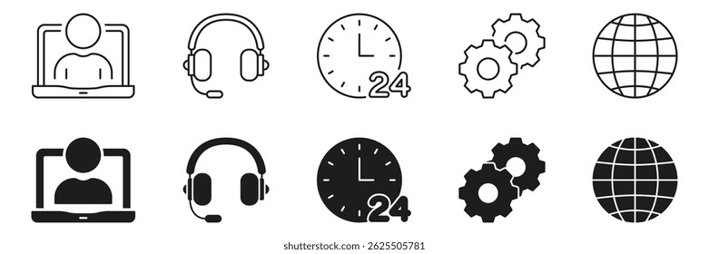 Online Communication And Support Line And Solid Icon Set. Remote Work, Customer Service, 24 7 Availability, And Global Connectivity Symbol Collection. Isolated Vector Illustration. - Powered by Shutterstock - Get 15% off with code: PIKWIZARD15