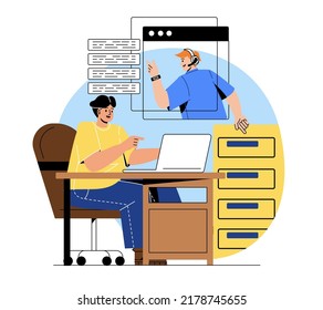 Online communication and support service. Guy with laptop talking to hotline operator. Call center employee in headphones solves user problems and answers questions. Cartoon flat vector illustration