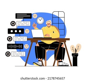 Online Communication And Support Service. Guy With Laptop Having Dialogue With Chat Bot In Messenger. Digital Assistant Or Artificial Intelligence Solves User Problem. Cartoon Flat Vector Illustration