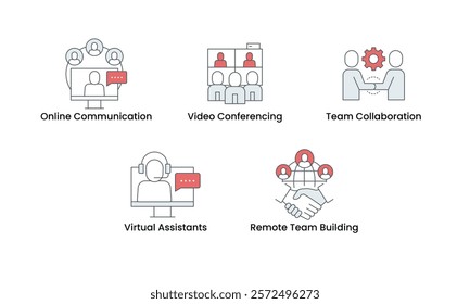 Online Communication and Team Collaboration icon set. Includes Online Communication, Video Conferencing, Team Collaboration, Virtual Assistants, and Remote Team Building icons. Vector icon set.

