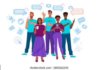 Online communication and teamwork vector illustration with diverse multinational people with smartphones. Group chat or internet partnership banner. Online communication flat concept with smm icons 