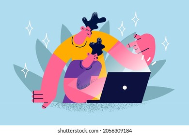 Online communication and technologies concept. Smiling young father and son standing looking at laptop screen communicating online or watching movie together vector illustration