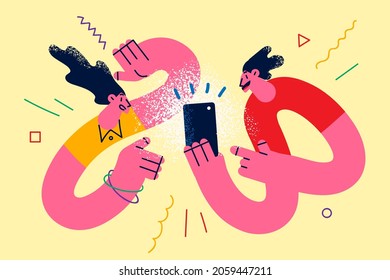 Online communication and technologies concept. Young positive friends boy and girl looking together at smartphone screen discussing something vector illustration