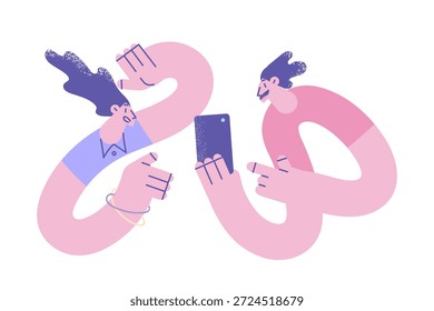 Conceito de comunicação e tecnologias em linha. Jovens amigos positivos menino e menina olhando juntos na tela do smartphone discutindo algo ilustração vetorial