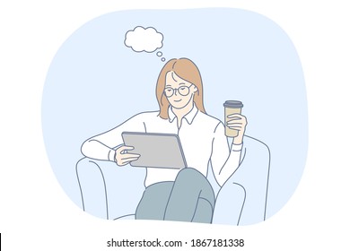 Online communication, technology, electronics concept. Young positive woman office worker sitting with tablet and coffee and watching something online information illustration