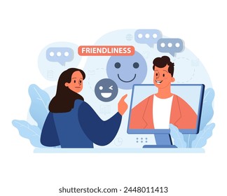 Online communication theme. Diverse colleagues engage in a friendly virtual conversation, emphasizing inclusivity. Shared laughter in a digital workspace. Flat vector illustration