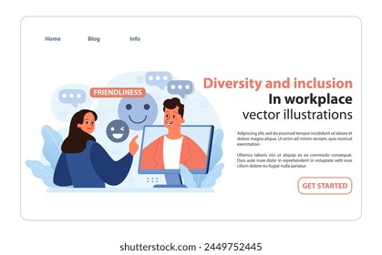 Online communication theme. Diverse colleagues engage in a friendly virtual conversation, emphasizing inclusivity. Shared laughter in a digital workspace. Flat vector illustration