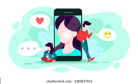 Online communication through mobile phone concept. Chat in messenger. Love chatting or dialog. Person avatar on smartphone screen. Vector illustration in cartoon style