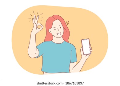 Online communication, thumbs up, smartphone concept. Young smiling girl showing smartphone screen with white mockup for text or lettering and ok good sign with fingers vector illustration 