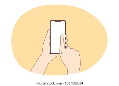 Online communication and using smartphone concept. Human hands with smartphone touching screen searching information, chatting, calling, writing information, dating illustration 