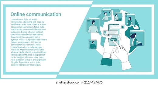 Comunicación en línea. Uso de un smartphone con una aplicación de mensajería instalada.Una ilustración al estilo de una página de inicio verde.