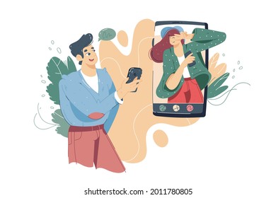 Comunicación en línea mediante ilustración vectorial de red social. Hombre y mujer comunicándose a través de una aplicación de internet sobre el concepto de teléfono móvil inteligente. Idea de red social