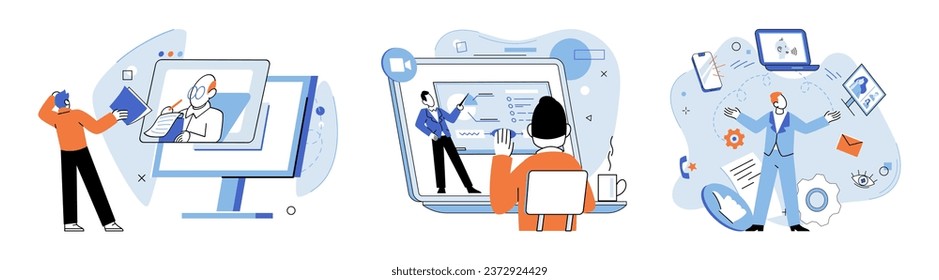 Comunicación en línea. Ilustración vectorial. Las convenciones en línea sirven como valiosas plataformas para compartir ideas y experiencia. El acceso a grandes cantidades de conocimiento está disponible fácilmente a través de Internet.