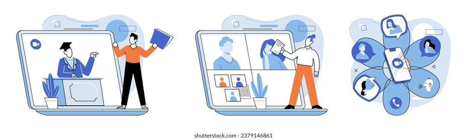 Online communication. Vector illustration. Online conventions provide platform for exchanging knowledge and expertise Access to information has been democratized through online communication channels