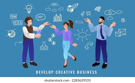 online communication. Vector illustration of office workflow employees and team building. Company employees planning task and brainstorming. people sharing ideas and meeting. business concept