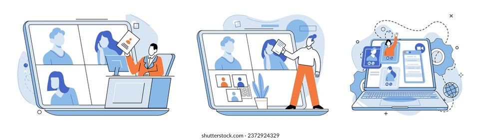 Online communication. Vector illustration. Online communication promotes togetherness by connecting individuals regardless distance Virtual meetings offer convenient way to meet and collaborate