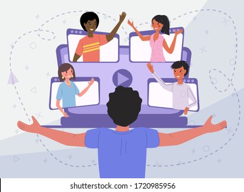 Online communication via video conference with people from different countries, vector illustration concept. A man happily greets his messenger friends.