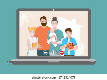 Online communication, video call on laptop computer with relatives or friends family of young parents and siblings. Happy smiling mom, dad, baby, teenagers brother, sister stay at house. Vector banner