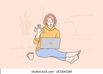 Online communication, video call, virtual meeting concept. Happy teen girl pupil or student with pink hair in headphones waving during video conference on laptop from home vector illustration