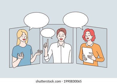 Online communication and video conference concept. Group of young positive business partners having remote meeting online and discussing projects together vector illustration