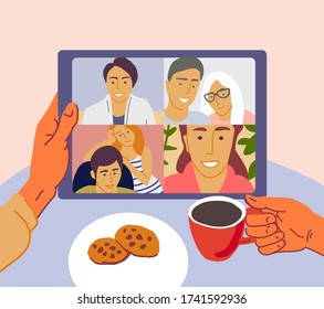 Online communication. Video conference with friends. Hand hold a tablet with a video calling application, the other hand with a cup of tea. Vector illustration in flat cartoon style.