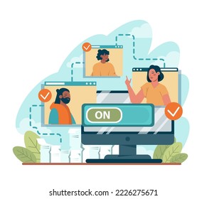 Online communication. Video conferencing through device with internet connection. Cloud technology. Flat vector illustration