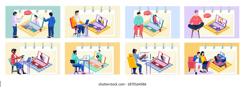 Online communication, video tutorials, remote business conference, professional gamer scenes set. Teacher sits at a table with a laptop and speaks into a microphone, online learning modern education