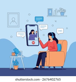 Online communication and virtual connection through a mobile phone video call with headphones and a comfortable chair