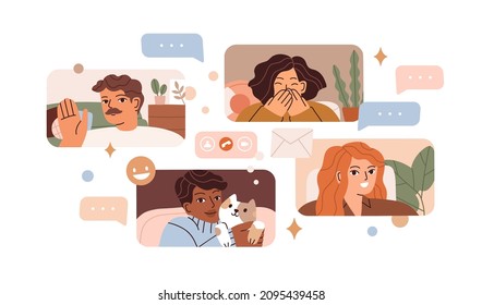 Online communication and virtual internet connection concept. People connected with digital video conference calls, social media messages and e-mails. Flat vector illustration isolated on white.