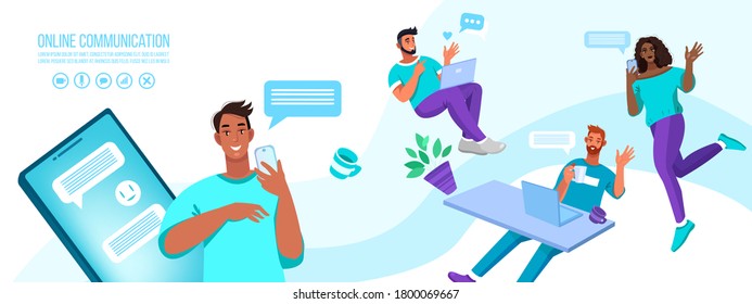 Online communication and virtual meeting banner with young flying people, smartphones, laptops. Video call or conference illustration with diverse colleagues. Virtual meeting and group chat concept