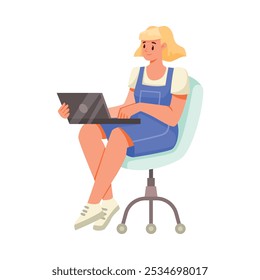 Online Communication with Woman Character Sit at Laptop Chatting Vector Illustration