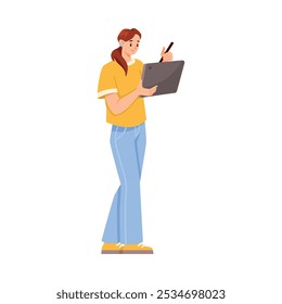 Online Communication with Woman Character with Tablet Chatting Vector Illustration